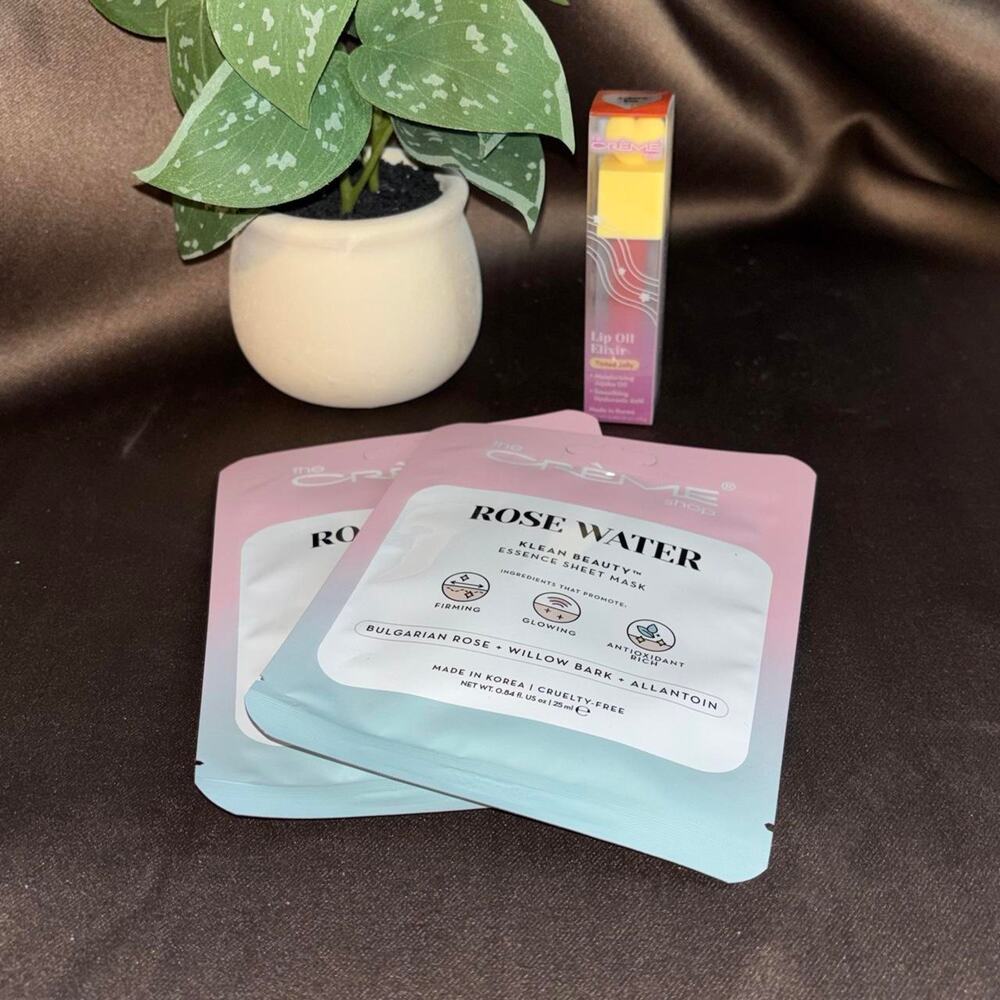 The Crème Shop Rose Water Sheet Mask and lip oil bundle
